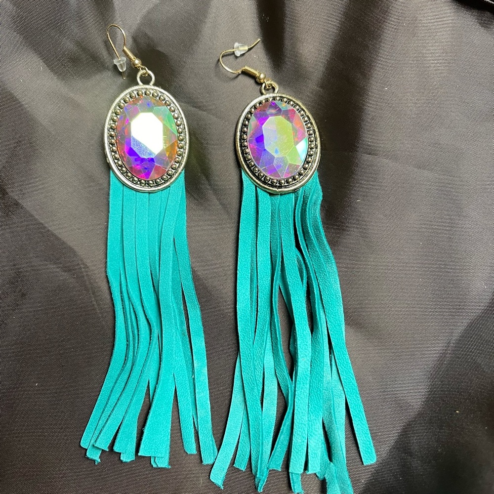 Turquoise faux leather tassel earrings
